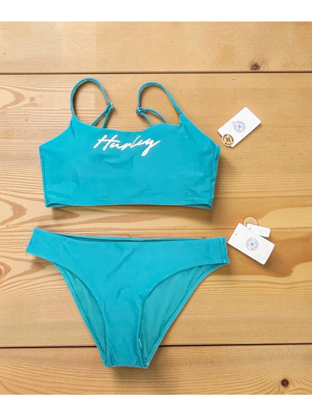 Hurley Green Teal Solid Spellout Swimsuit Bikini Top Bottom 2 Piece Size XL NWT